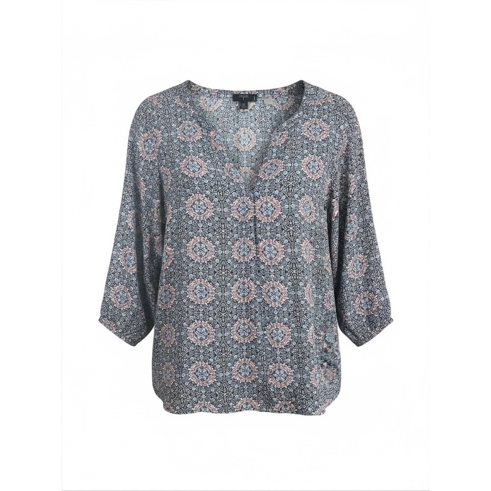 Tahari Woman Blue Pink Medallion Paisley Split Neck 3/4 Sleeve Blouse 1X